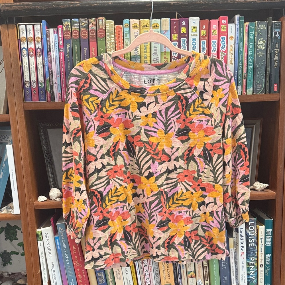 LOFT Women's Long Sleeve Floral Top - Pink, Orange, Yellow